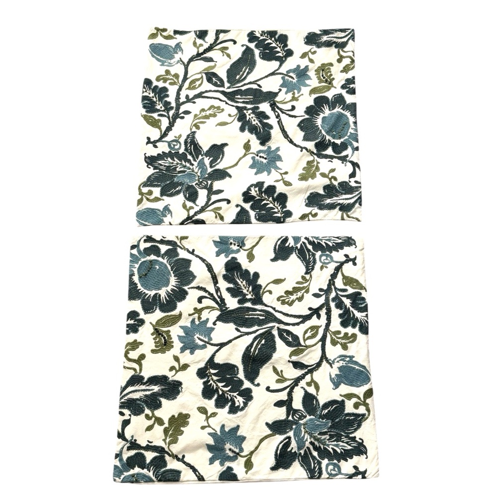 Pottery Barn Crewel Jacobean Floral Embroidered Pillow Covers Only Set 2 23x23